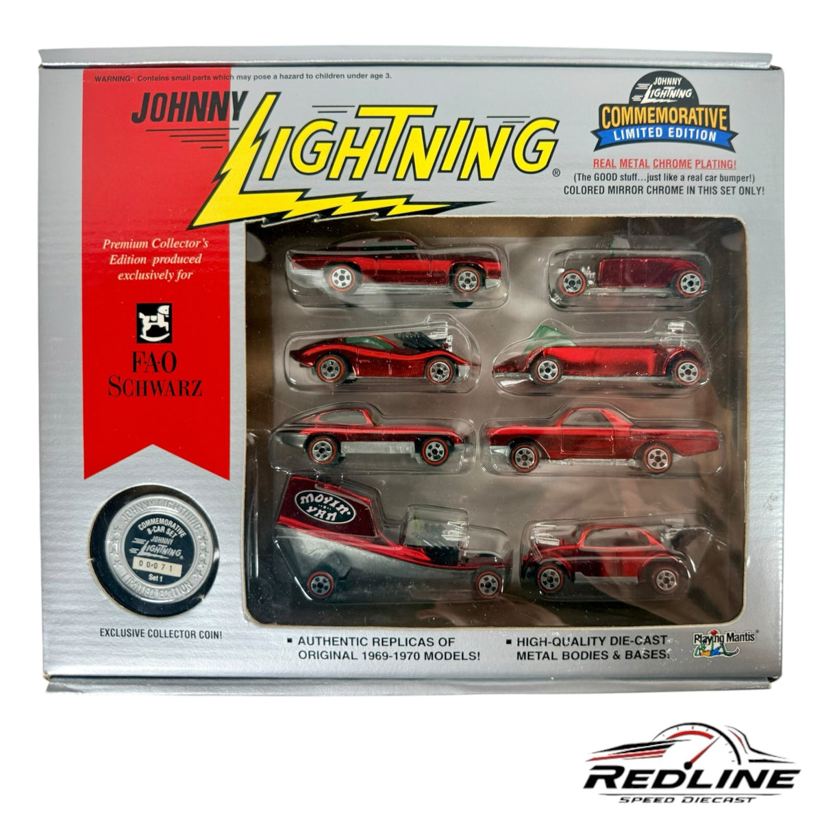 Redline Speed Diecast Johnny Lightning 8-car set with red chrome finish and collector coin in original display box