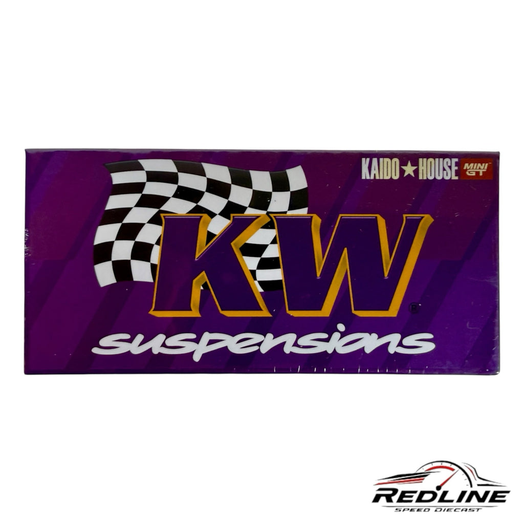 Redline Speed Diecast packaging for Kaido House x Mini GT BMW E30 M3 model featuring purple KW Suspensions branding