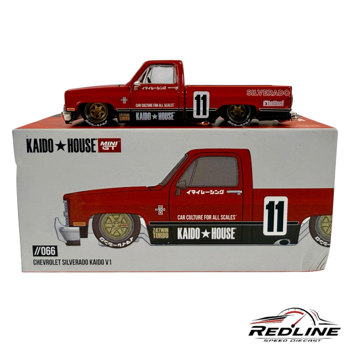 Redline Speed Diecast KAIDO HOUSE 1983 Chevrolet Silverado diecast truck in red and black with gold wheels and decals.