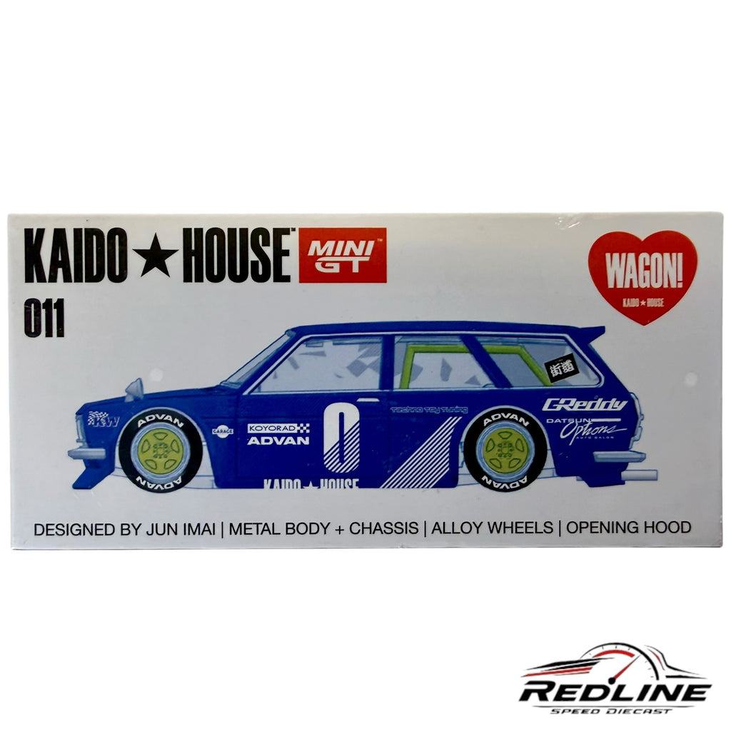 Redline Speed Diecast KAIDO HOUSE Datsun 510 Wagon 1:64 scale model box art featuring blue racing livery and graphics.