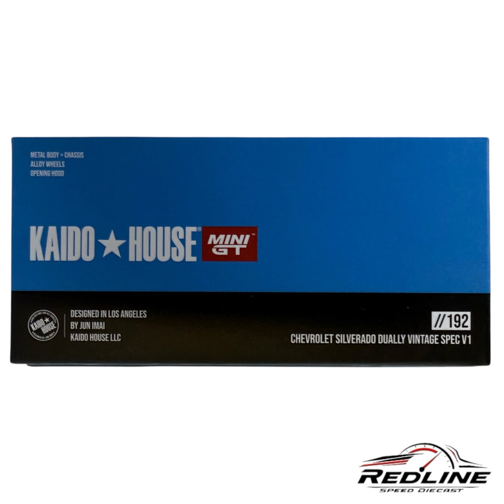 Redline Speed Diecast packaging box for the Kaido House Mini GT Chevrolet Silverado Dually Vintage Spec V1 model