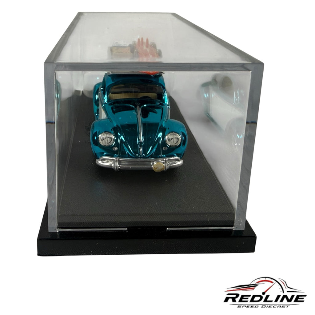 Redline Speed Diecast Hot Wheels Kawa-Bug-A Volkswagen Beetle in blue with a surfboard on a roof rack in a display case