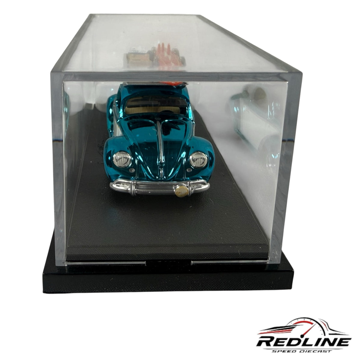 Redline Speed Diecast Hot Wheels Kawa-Bug-A Volkswagen Beetle in blue with a surfboard on a roof rack in a display case