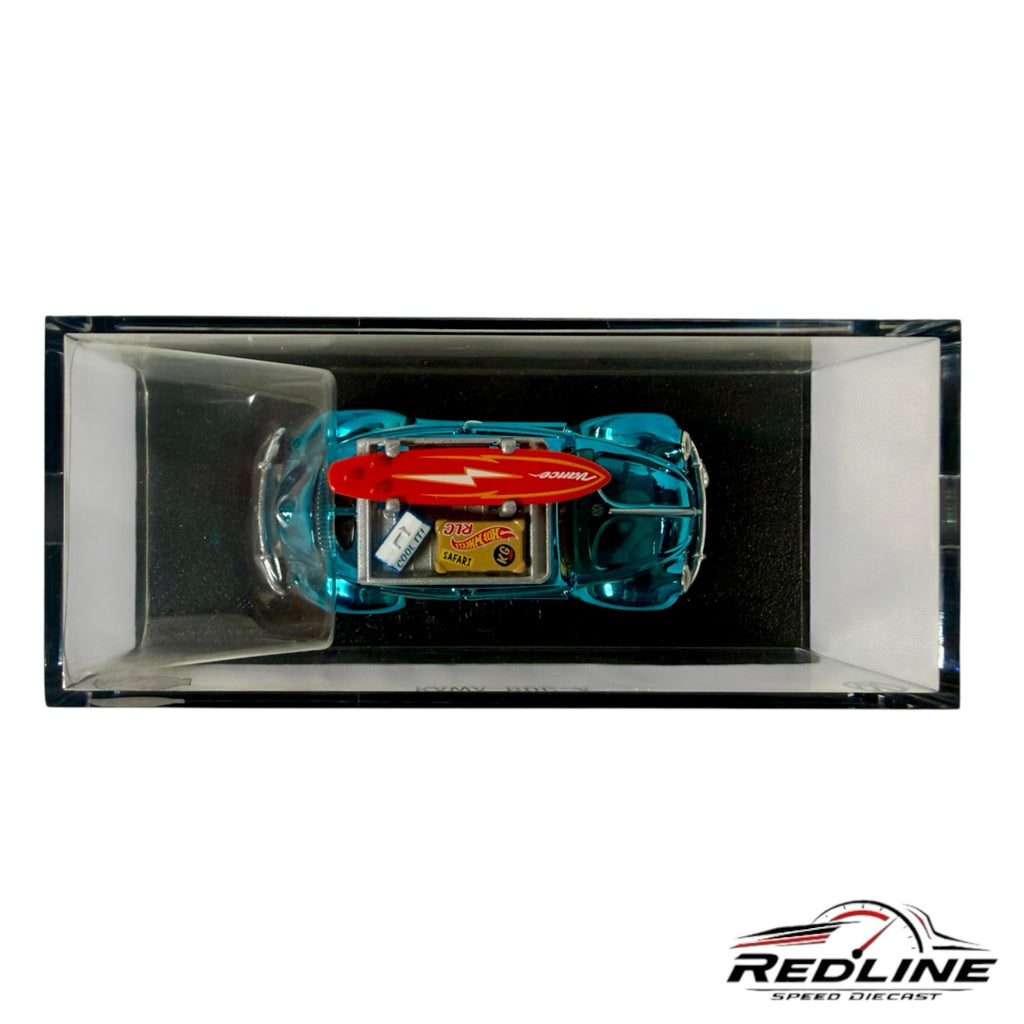 Redline Speed Diecast Hot Wheels Kawa-Bug-A blue and white Volkswagen Beetle with surfboard in display case