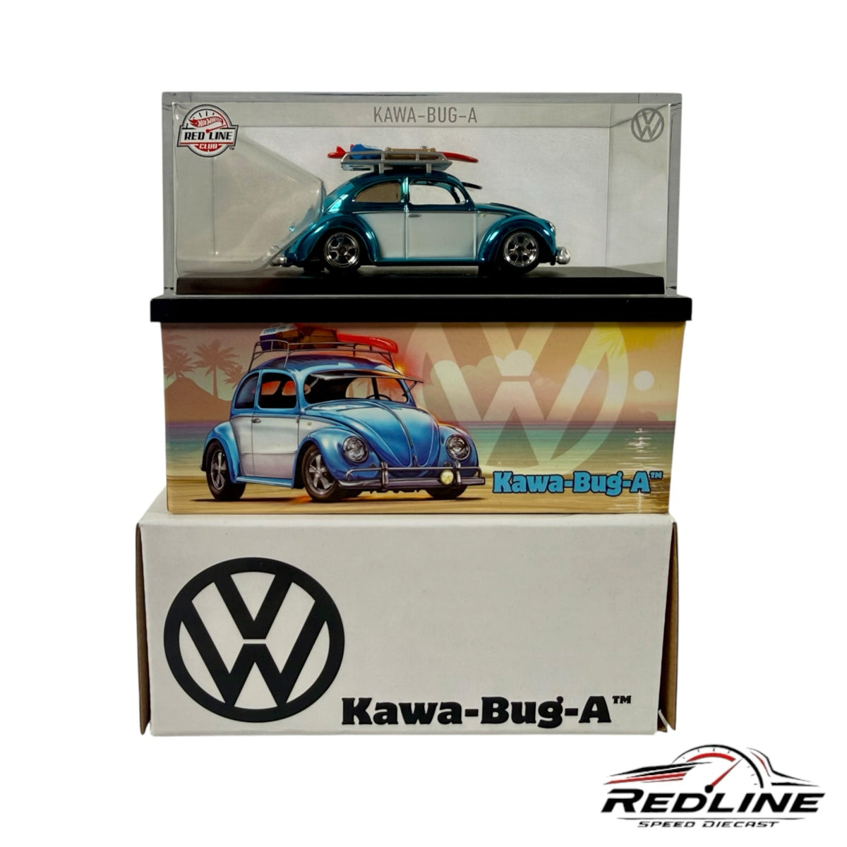 Redline Speed Diecast Hot Wheels Kawa-Bug-A Volkswagen Beetle in a blue and white two-tone finish with a surfboard.