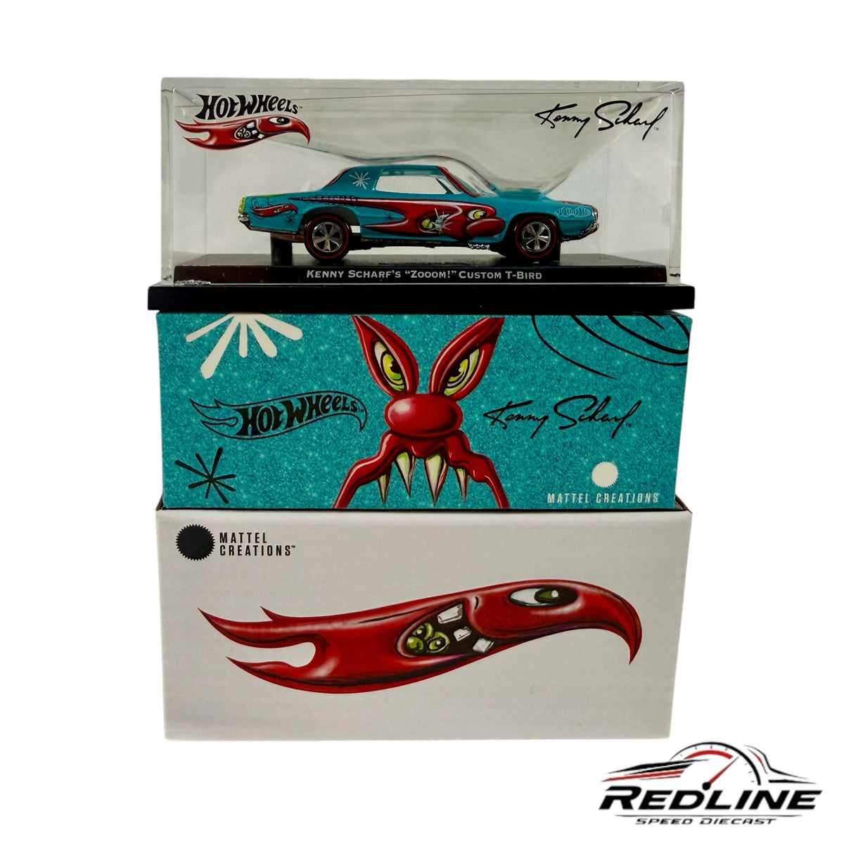 Redline Speed Diecast Kenny Scharf Hot Wheels Custom T-Bird in display case with artist-themed packaging