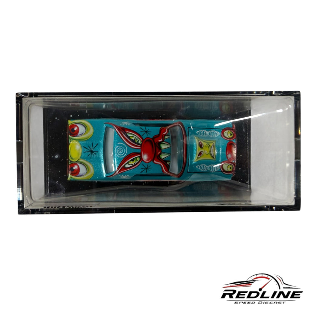 Redline Speed Diecast Kenny Scharf Zoom Custom T-Bird in a clear display case with vibrant pop-surrealist art.