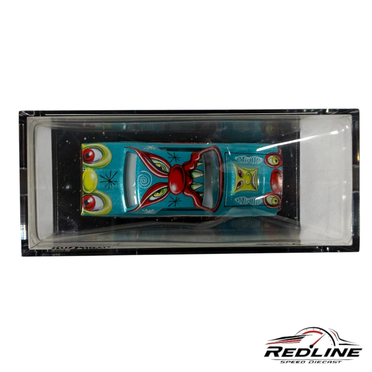 Redline Speed Diecast Kenny Scharf Zoom Custom T-Bird in a clear display case with vibrant pop-surrealist art.