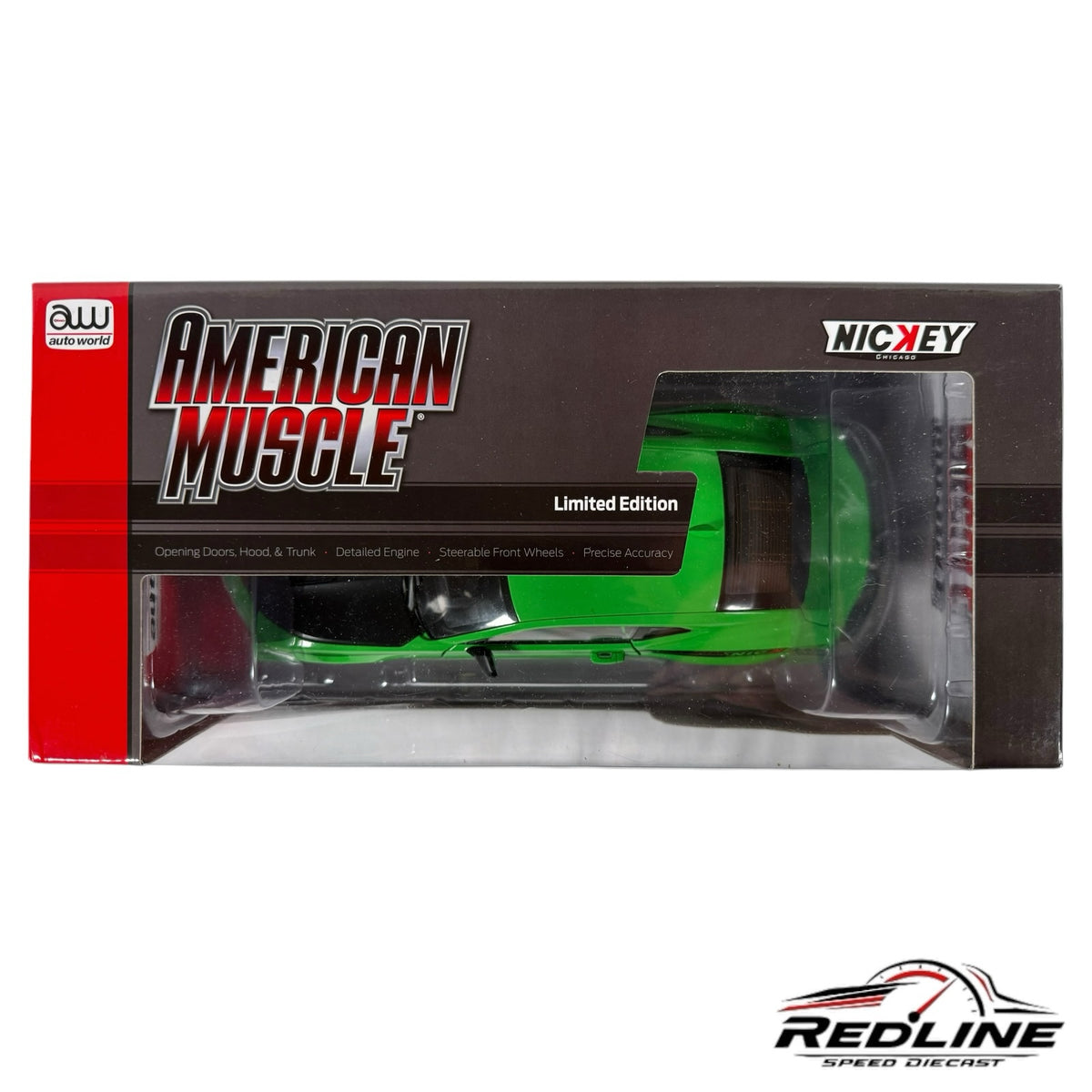Redline Speed Diecast 2017 Nickey Chevy Camaro SS 1LE in Krypton Green inside its American Muscle display box