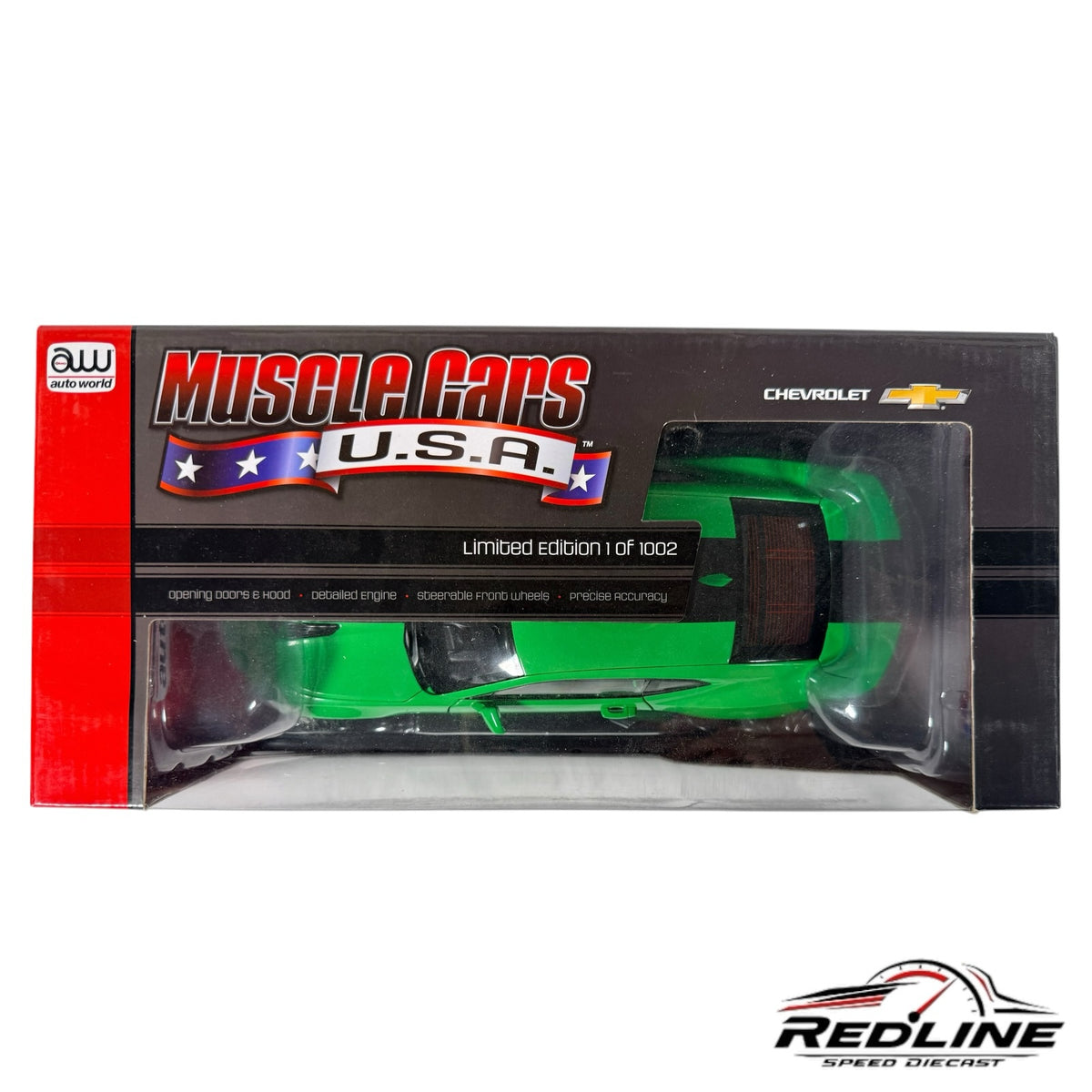 Redline Speed Diecast Auto World 2017 Chevrolet Camaro SS model car in Krypton Green inside its collector box
