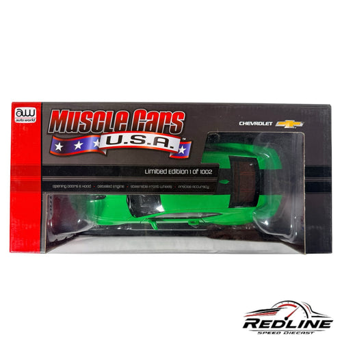 Redline Speed Diecast Auto World 2017 Chevrolet Camaro SS model car in Krypton Green inside its collector box