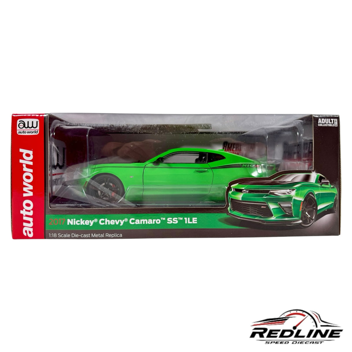 Redline Speed Diecast 1:18 scale 2017 Nickey Chevy Camaro SS 1LE model car in Krypton Green inside display box