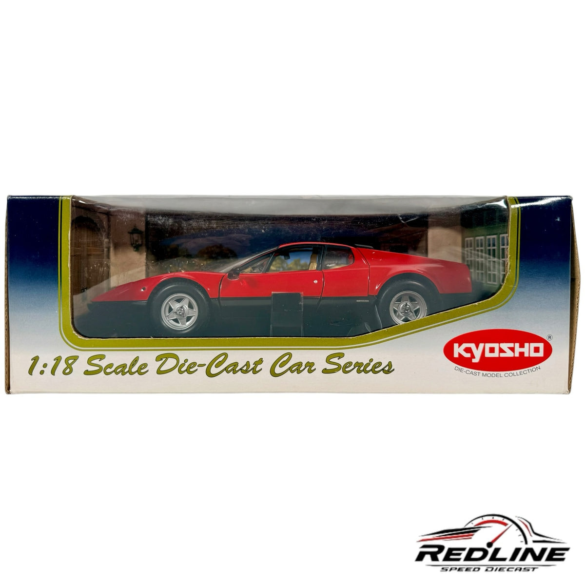 Redline Speed Diecast 1:18 scale Kyosho Ferrari 365 GT4 BB model car in a vibrant red finish inside its display box.
