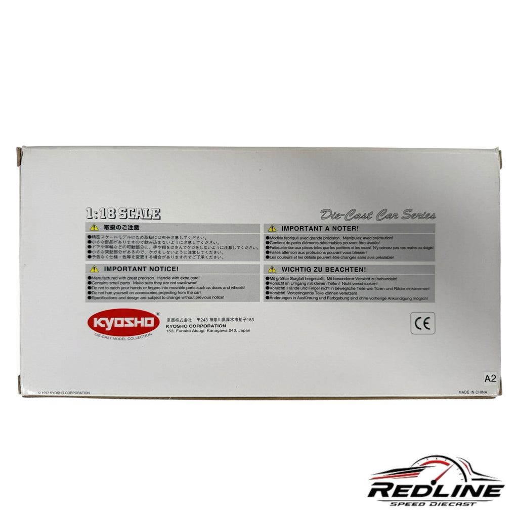 Redline Speed Diecast Kyosho 1:18 scale model car packaging box with safety warnings and manufacturer information