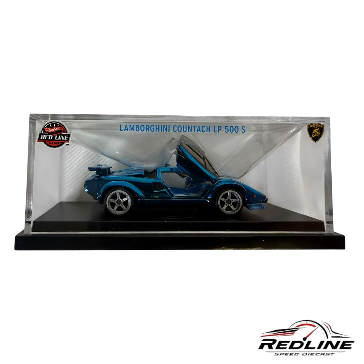 Redline Speed Diecast metallic blue Lamborghini Countach LP 500 S model car with open scissor doors in display case