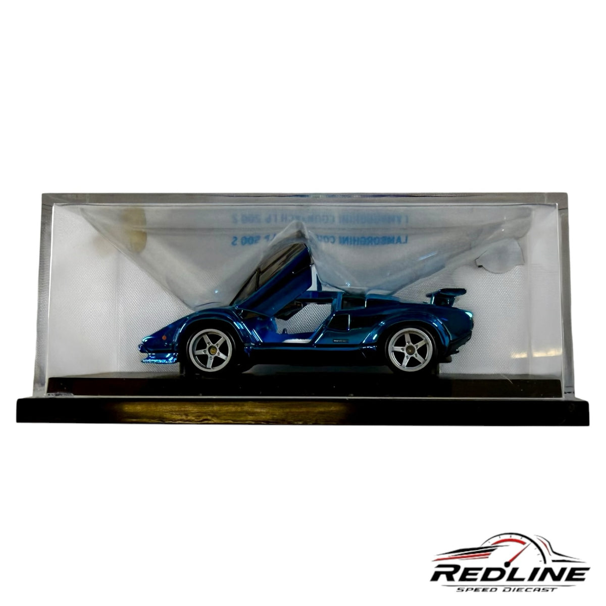 Redline Speed Diecast metallic blue Lamborghini Countach LP 500 S model car with open scissor doors in display case
