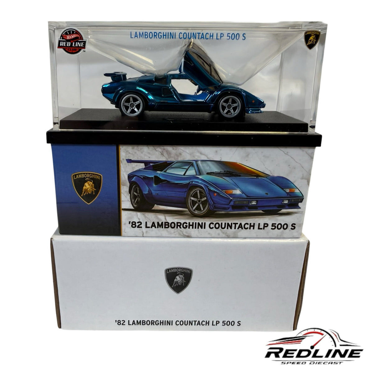 Redline Speed Diecast 1982 Lamborghini Countach LP 500 S model in metallic blue with open scissor doors in display case