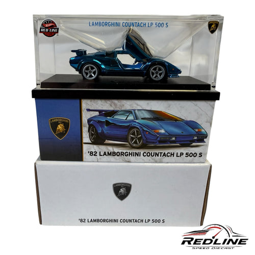 Redline Speed Diecast 1982 Lamborghini Countach LP 500 S model in metallic blue with open scissor doors in display case