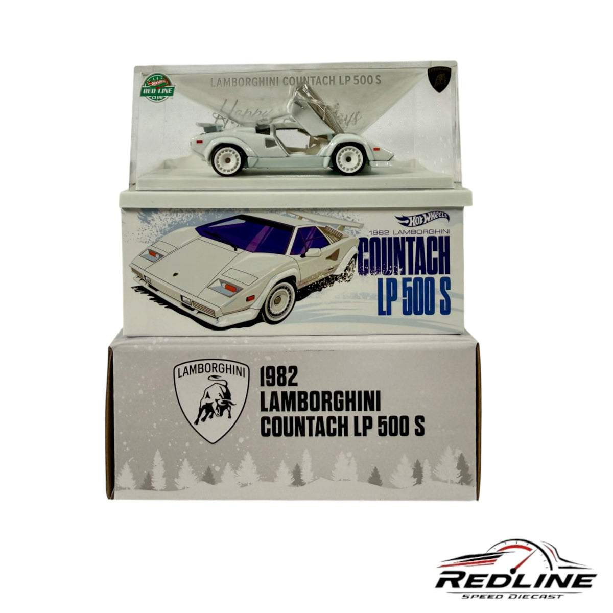 Redline Speed Diecast white 1982 Lamborghini Countach LP 500 S model car in acrylic display case with collector box
