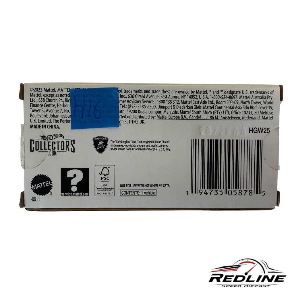 Redline Speed Diecast Lamborghini Countach packaging box bottom with product information, barcode, and Mattel branding