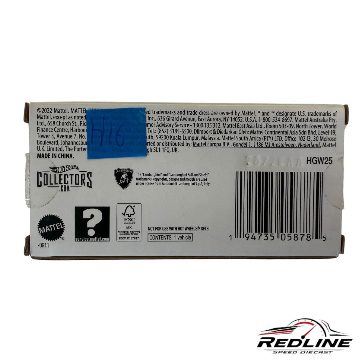 Redline Speed Diecast Lamborghini Countach packaging box bottom with product information, barcode, and Mattel branding