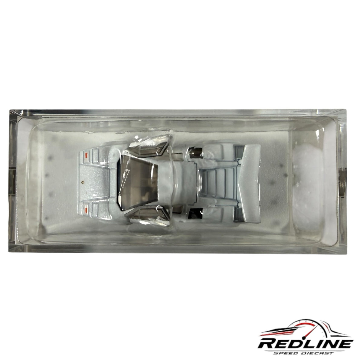 Redline Speed Diecast white Lamborghini Countach LP 500 S model car in a clear acrylic display case, top-down view.