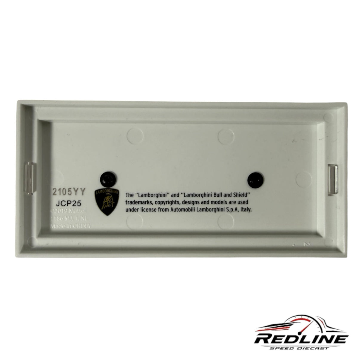 Redline Speed Diecast white display base for Lamborghini Countach model with official branding and licensing text