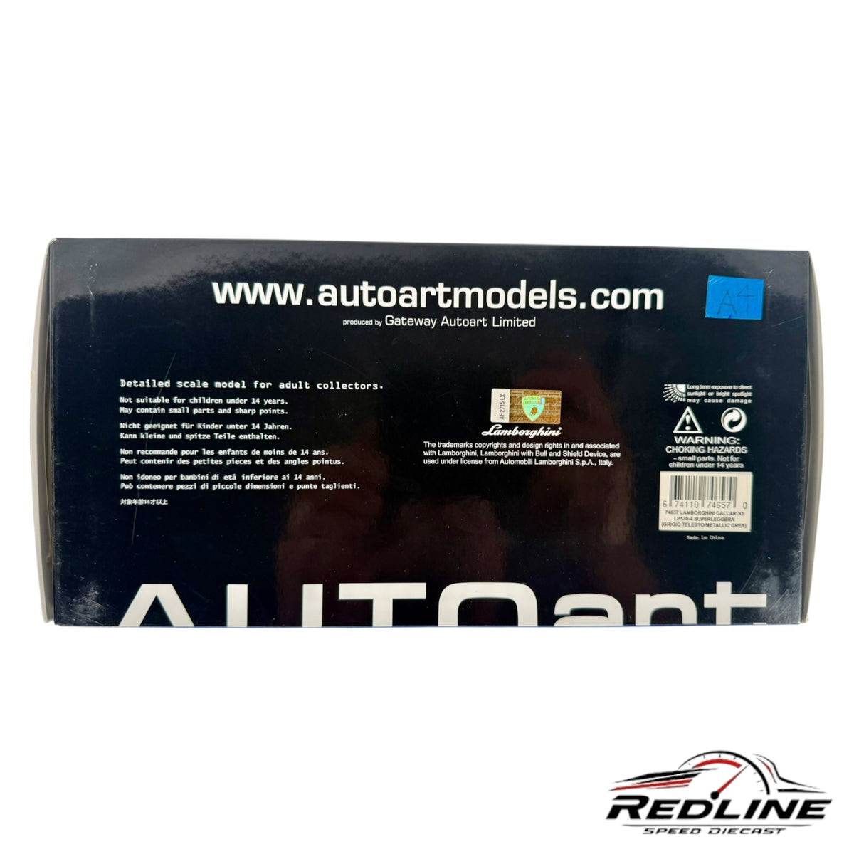 Redline Speed Diecast AUTOart Lamborghini Gallardo model car packaging box with product information and warnings