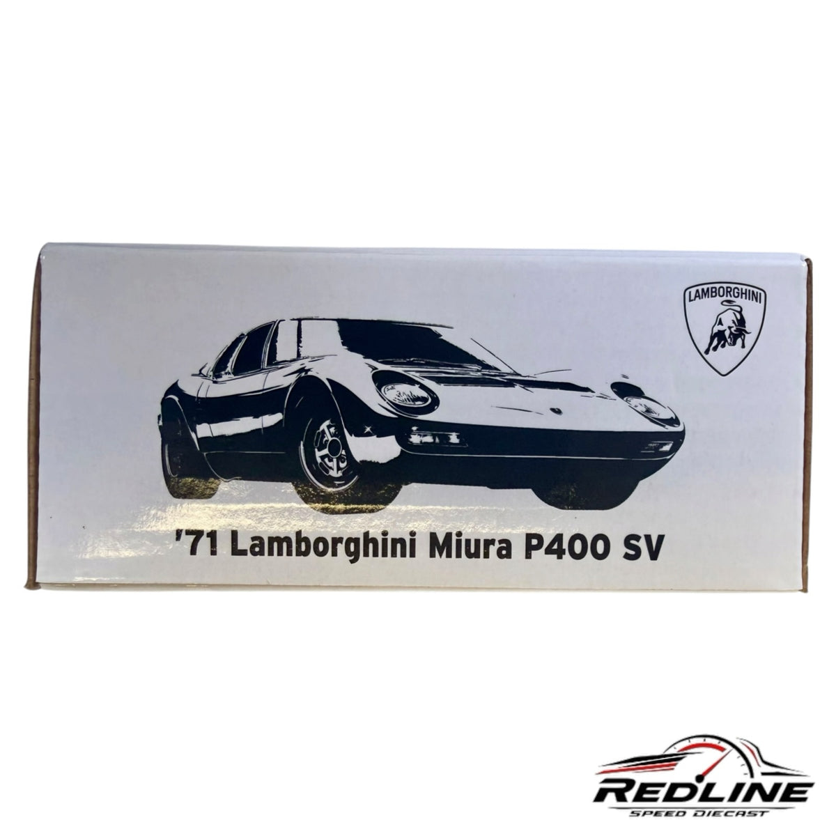 Redline Speed Diecast collector box featuring a black and white illustration of a 1971 Lamborghini Miura P400 SV.
