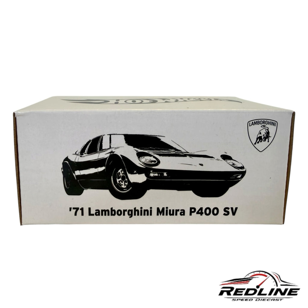 Redline Speed Diecast collector box for the 1971 Lamborghini Miura P400 SV featuring black and white car illustration