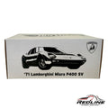 Redline Speed Diecast collector box for the 1971 Lamborghini Miura P400 SV featuring black and white car illustration