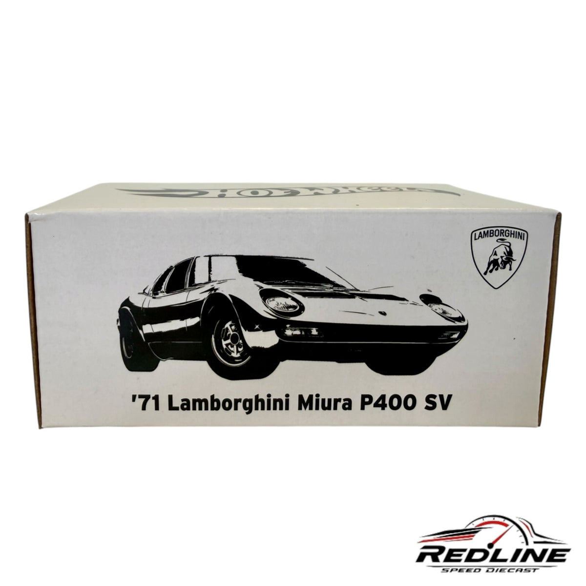 Redline Speed Diecast collector box for the 1971 Lamborghini Miura P400 SV featuring black and white car illustration