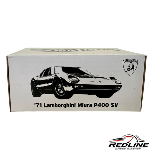 Redline Speed Diecast collector box for the 1971 Lamborghini Miura P400 SV featuring black and white car illustration