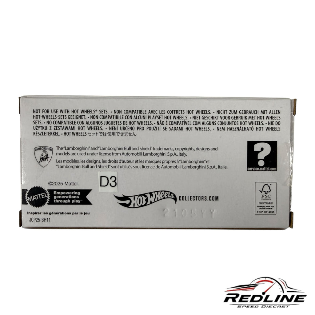 Redline Speed Diecast packaging box bottom with Lamborghini licensing information and Hot Wheels branding
