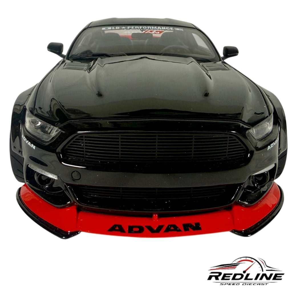 Redline Speed Diecast Liberty Walk Ford Mustang model car in black and red with widebody kit and ADVAN branding