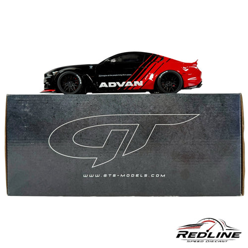 Redline Speed Diecast Liberty Walk Ford Mustang model car in black and red with ADVAN livery on its display box.