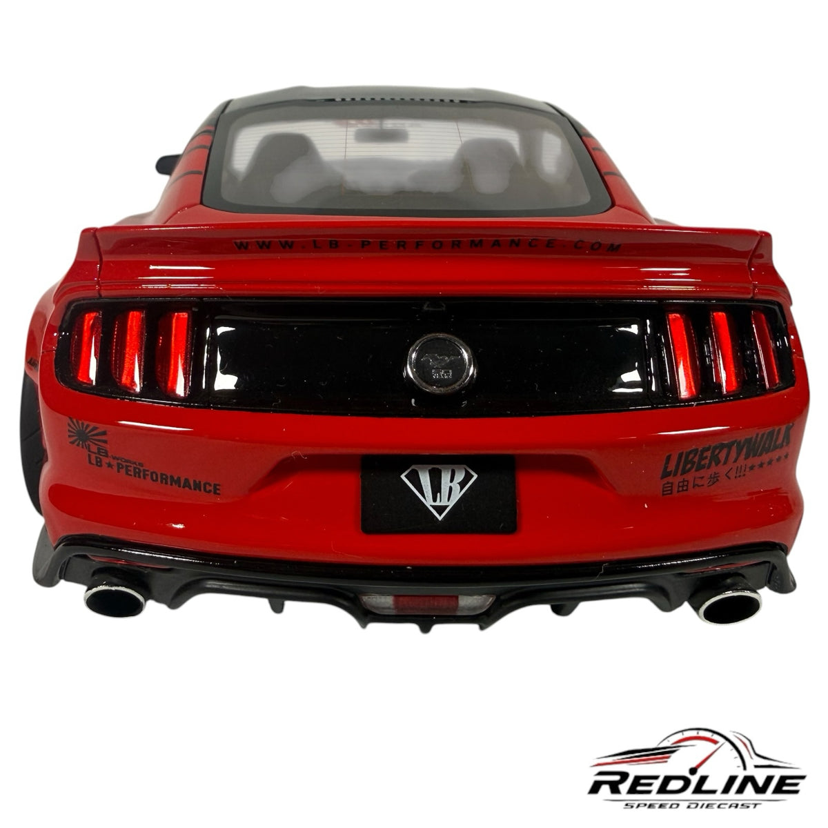 Redline Speed Diecast Liberty Walk Ford Mustang model car rear view in red and black with widebody kit and decals