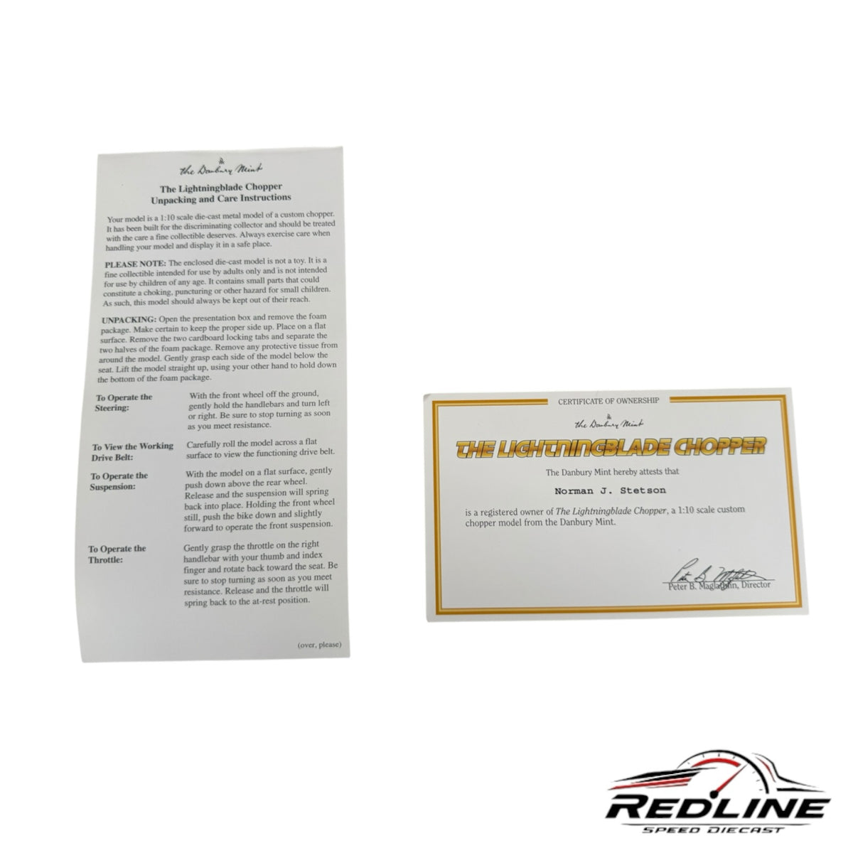 Redline Speed Diecast instruction manual and certificate of ownership for The Lightningblade Chopper model motorcycle