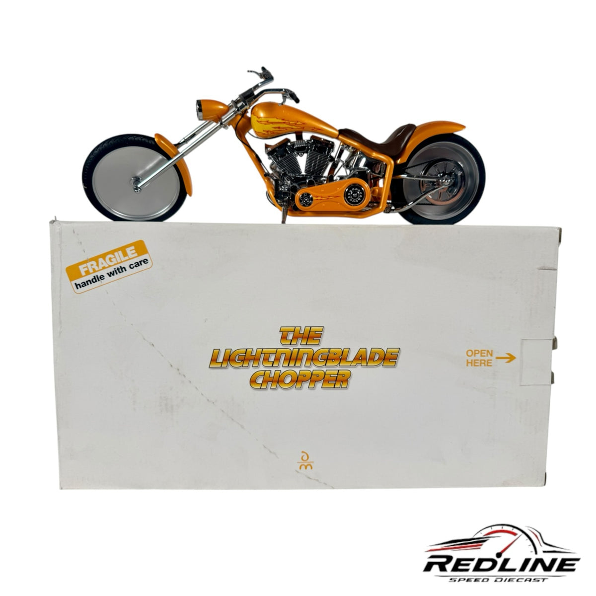 Redline Speed Diecast Lightningblade Chopper 1:10 scale model in vibrant orange with chrome details on display box