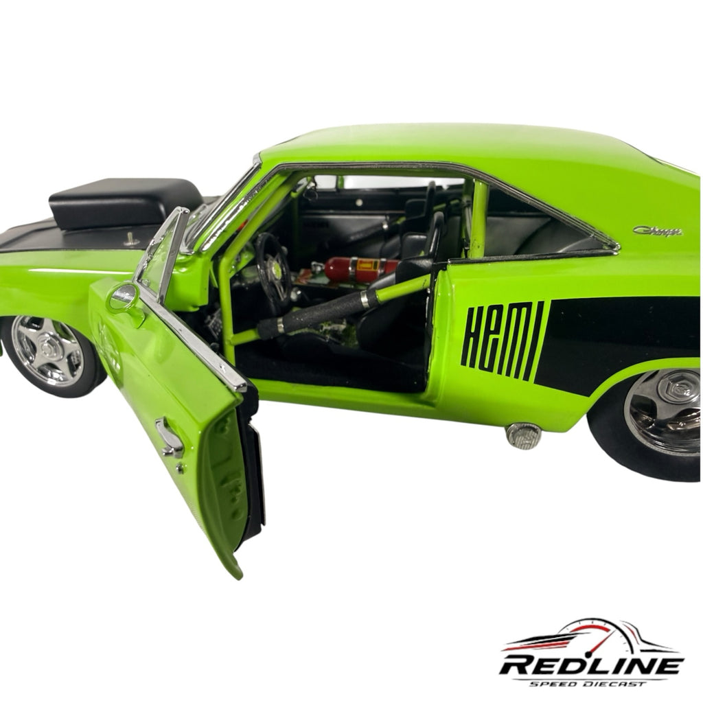 Redline Speed Diecast 1969 Dodge Charger Pro Street model in lime green with black Hemi decals and open driver door.