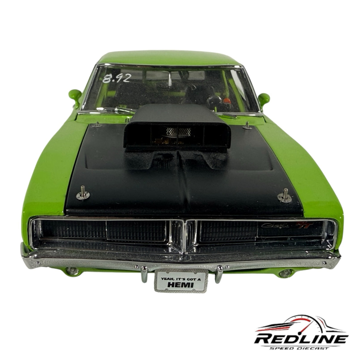 Redline Speed Diecast 1969 Dodge Charger Pro Street model in lime green with a black hood scoop and Hemi license plate