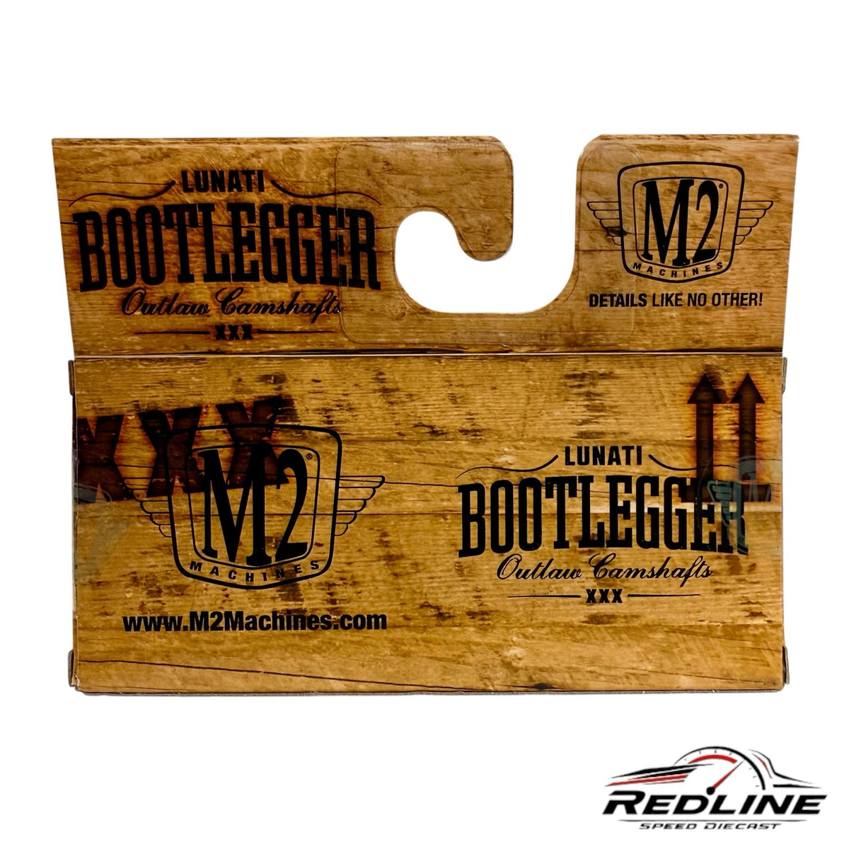 Redline Speed Diecast rustic wood-themed collector packaging for M2 Machines Lunati Bootlegger diecast car
