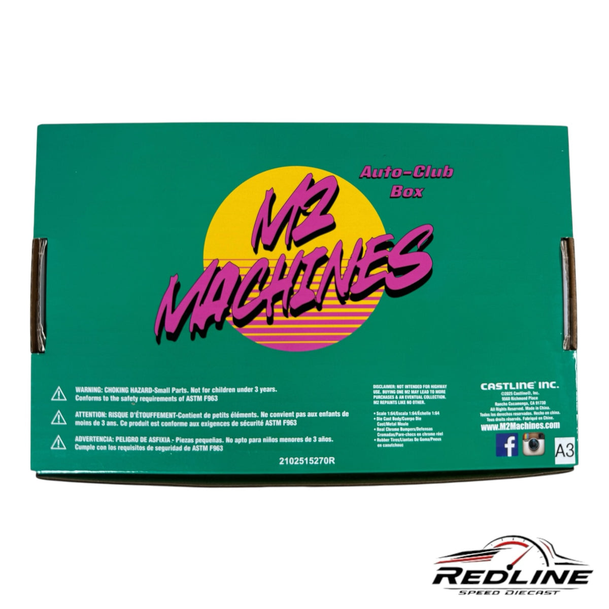 Redline Speed Diecast M2 Machines Auto-Club Box packaging with retro neon graphics and green background