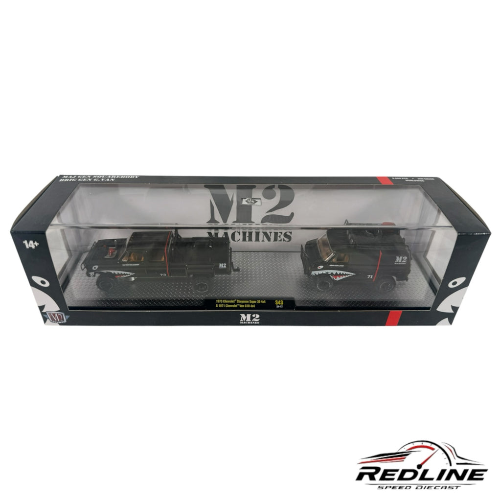 Redline Speed Diecast M2 Machines 1:64 scale black Chevrolet truck and van set with shark-mouth nose art graphics.