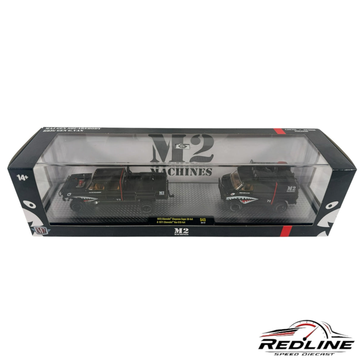 Redline Speed Diecast M2 Machines 1:64 scale black Chevrolet truck and van set with shark-mouth nose art graphics.