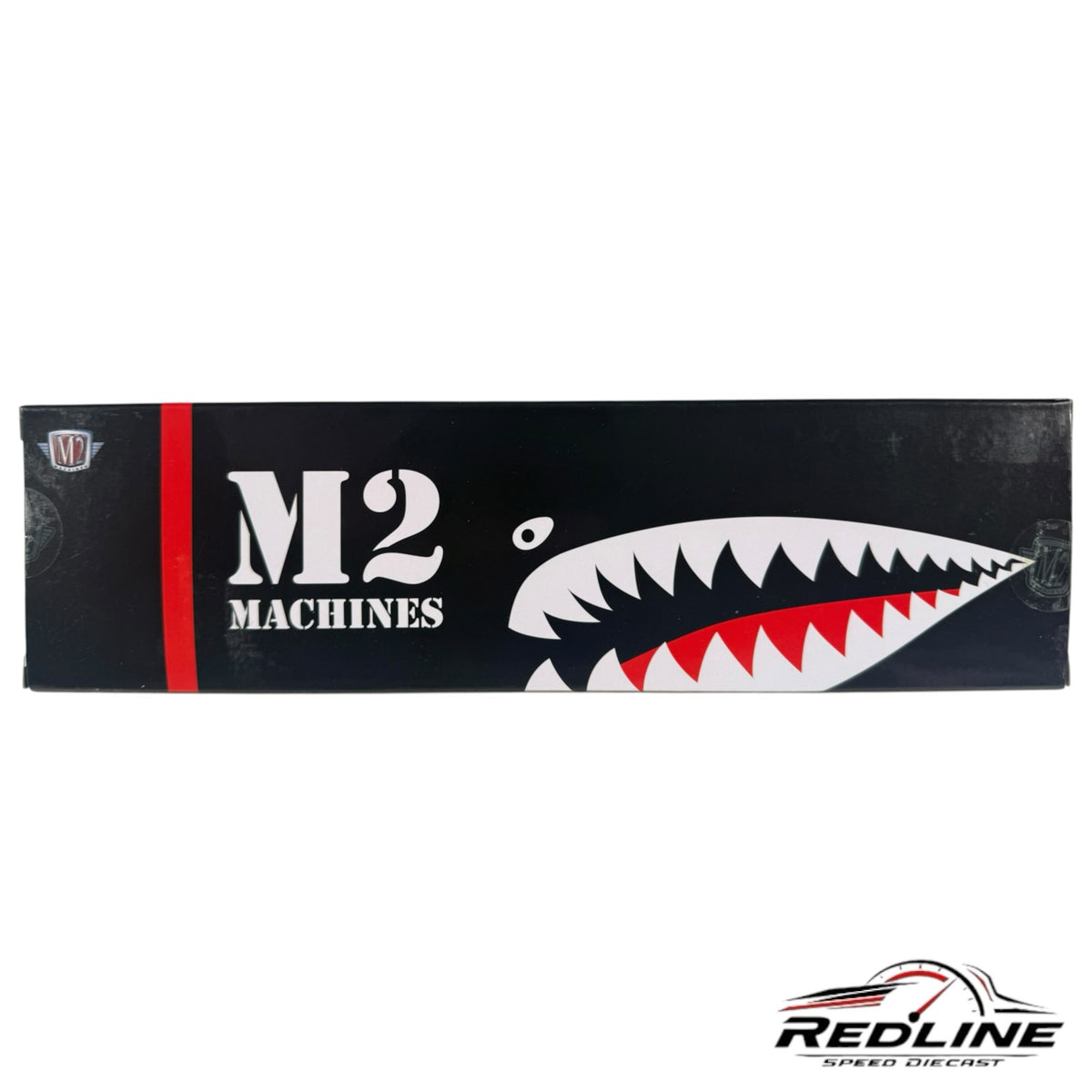 Redline Speed Diecast M2 Machines collector box featuring black packaging with iconic shark-mouth nose art graphics.