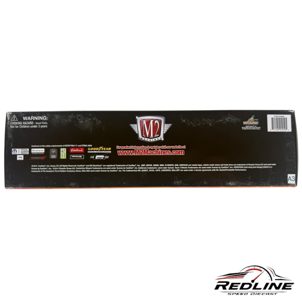 Redline Speed Diecast M2 Machines HEMI 50th Anniversary auto hauler packaging box back view with branding and warnings