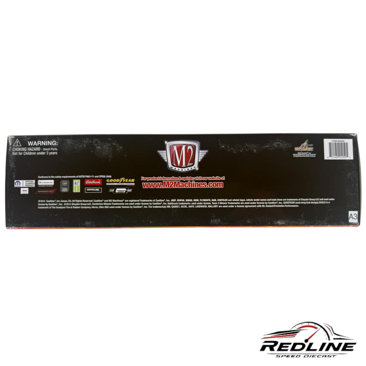 Redline Speed Diecast M2 Machines HEMI 50th Anniversary auto hauler packaging box back view with branding and warnings