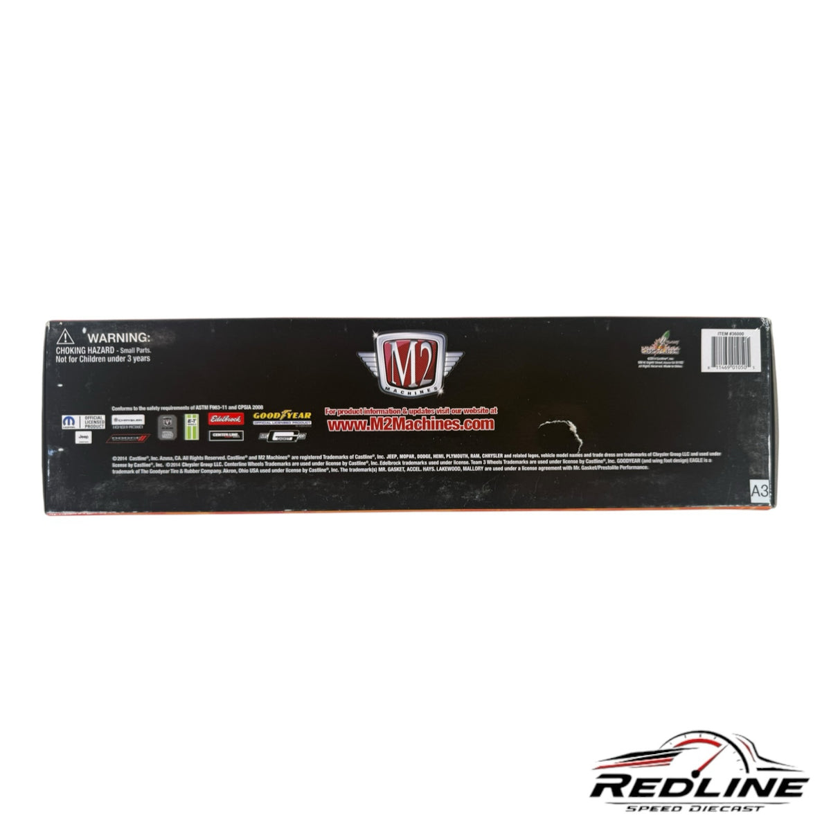 Redline Speed Diecast M2 Machines Dodge COE and Charger hauler set packaging box back view with branding and warnings
