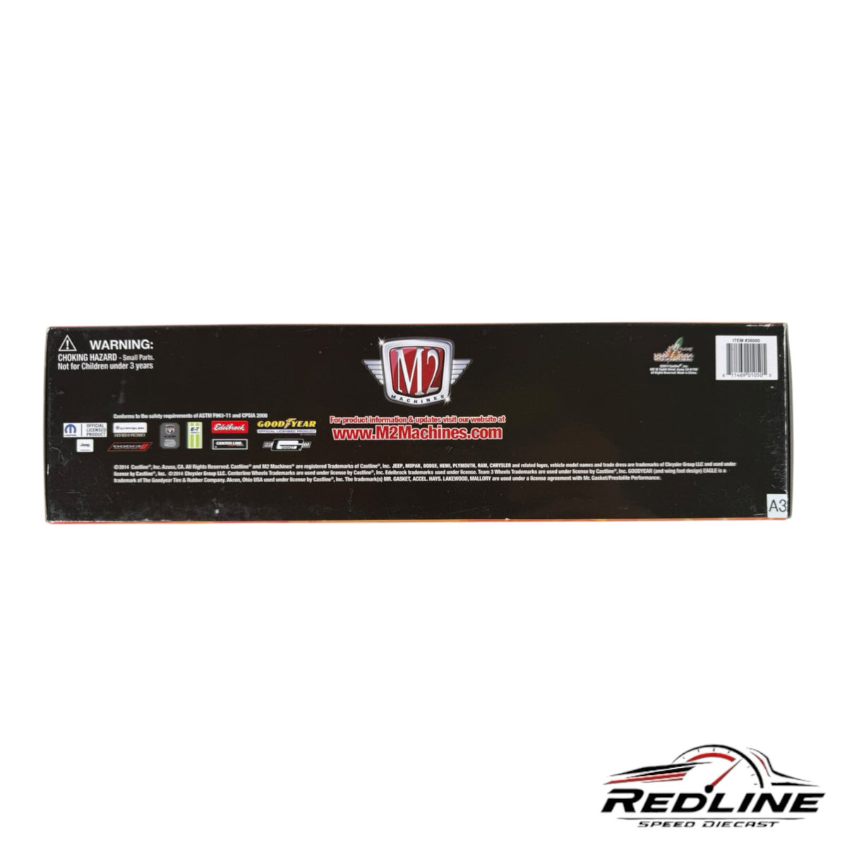 Redline Speed Diecast M2 Machines auto hauler packaging box back view with Mopar and HEMI branding details